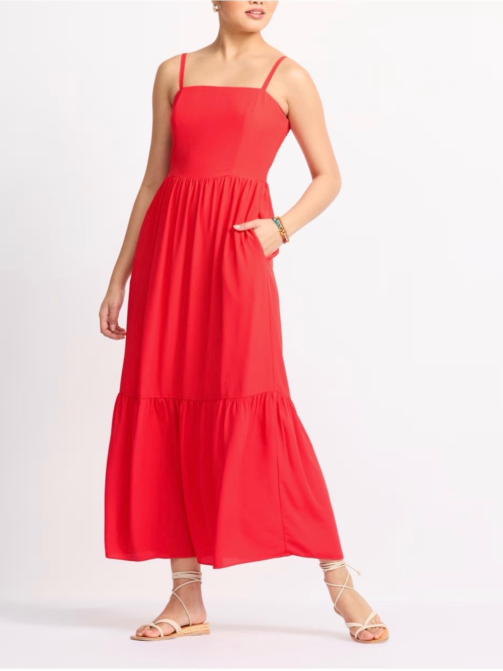 Bright Coral Red Tiered Cami Maxi Dress with Pockets XXL